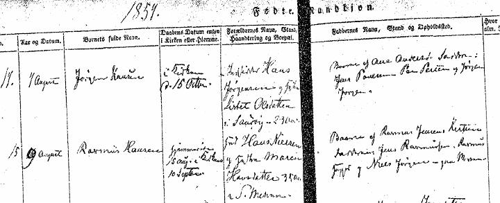 rasmushansen1854-47.jpg - Rasmus Hansen dåb i Mern kirke 1854   ( Hans Nielsen og  Maren Hansdatter 35 aar S.Mehrn ).