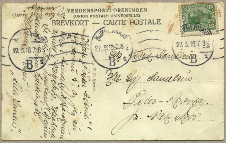 kort-1918.jpg - Postkort fra kolega på Kjøbenhavn Sygehjem til Astrid hjemme på gården i Øster-Skovby 27 - 3 -1919